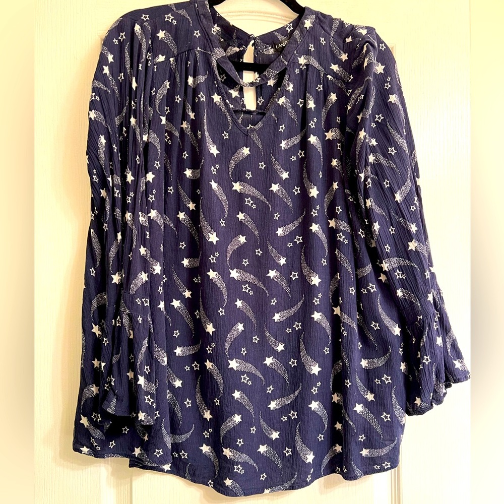 Lane Bryant Shooting Star Dark Blue Cutout Keyhole Bell Sleeve Blouse - size 14